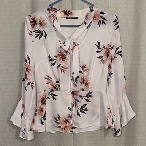 TOKITO 4 White Pink Navy Floral Button Front Bell Sleeve Peplum Tie Blouse